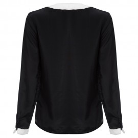 OL STYLE ROUND COLLAR PENDANT DRAPED CHIFFON BLOUSE (BLACK, SIZE S/M/L/XL/2XL)