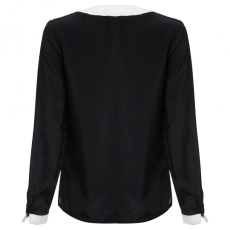 OL STYLE ROUND COLLAR PENDANT DRAPED CHIFFON BLOUSE (BLACK, SIZE S/M/L/XL/2XL)