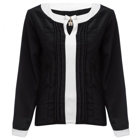 OL STYLE ROUND COLLAR PENDANT DRAPED CHIFFON BLOUSE (BLACK, SIZE S/M/L/XL/2XL)