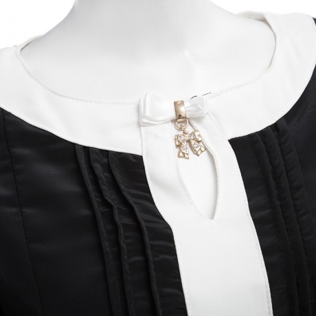 OL STYLE ROUND COLLAR PENDANT DRAPED CHIFFON BLOUSE (BLACK, SIZE S/M/L/XL/2XL)