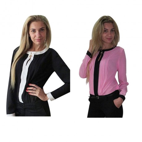 OL STYLE ROUND COLLAR PENDANT DRAPED CHIFFON BLOUSE (BLACK, SIZE S/M/L/XL/2XL)