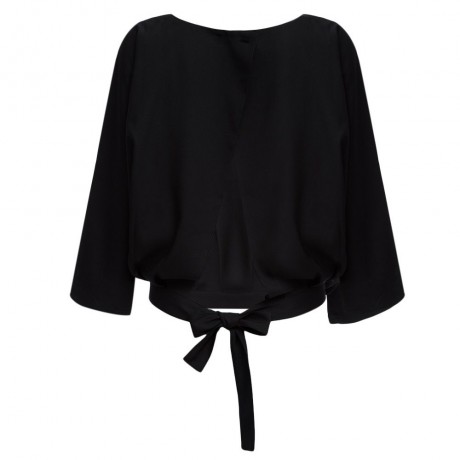WOMEN'S BAT SLEEVE LOOSE SLIT BACK KNOTTED BLOUSE (BLACK, SIZE S/M/L)