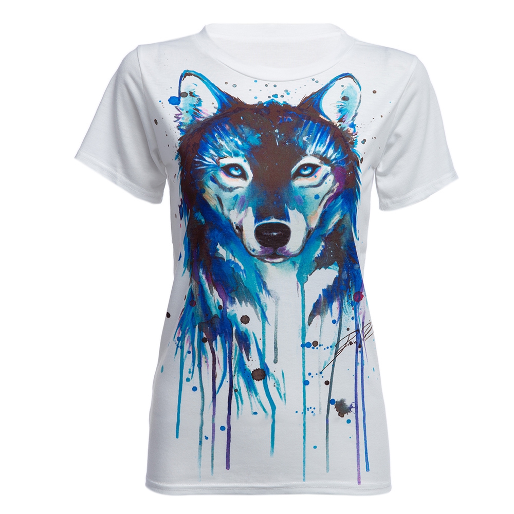 WOMEN TRENDY ROUND COLLAR DOG PRINT COTTON BLEND T-SHIRT (WHITE, SIZE S/M/L/XL)