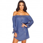 OFF THE SHOULDER BUTTON DENIM BLOUSE FOR WOMEN (DEEP BLUE, SIZE S/M/L/XL)