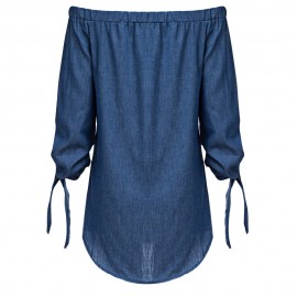 OFF THE SHOULDER BUTTON DENIM BLOUSE FOR WOMEN (DEEP BLUE, SIZE S/M/L/XL)