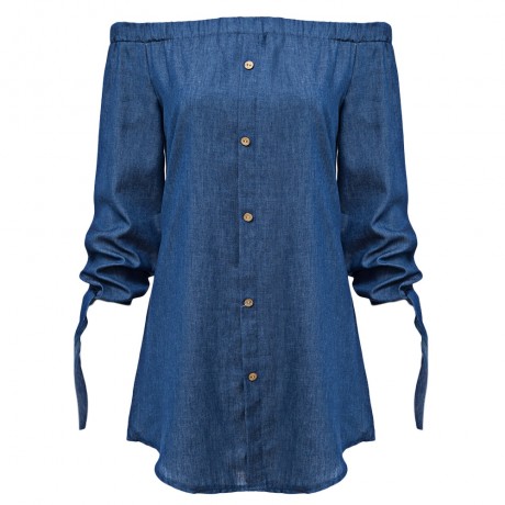 OFF THE SHOULDER BUTTON DENIM BLOUSE FOR WOMEN (DEEP BLUE, SIZE S/M/L/XL)