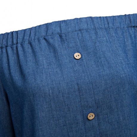 OFF THE SHOULDER BUTTON DENIM BLOUSE FOR WOMEN (DEEP BLUE, SIZE S/M/L/XL)