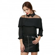 TASSEL SPLICED GAUZE LONG SLEEVE CHIFFON BLOUSE (BLACK, SIZE S/M/L/XL)