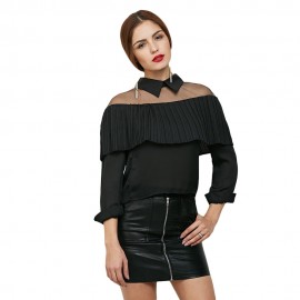 TASSEL SPLICED GAUZE LONG SLEEVE CHIFFON BLOUSE (BLACK, SIZE S/M/L/XL)