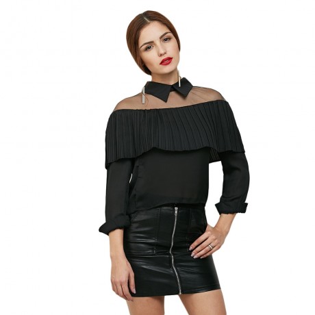 TASSEL SPLICED GAUZE LONG SLEEVE CHIFFON BLOUSE (BLACK, SIZE S/M/L/XL)