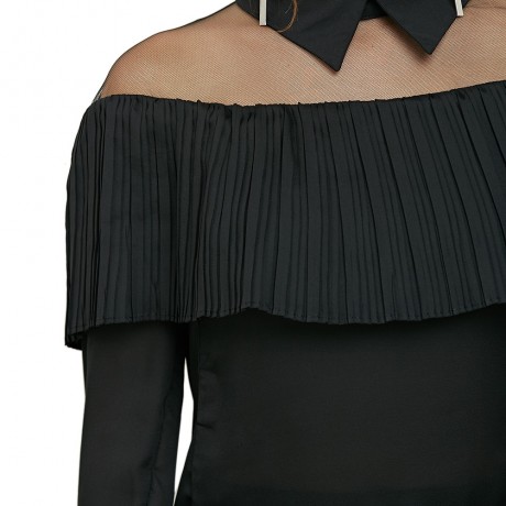 TASSEL SPLICED GAUZE LONG SLEEVE CHIFFON BLOUSE (BLACK, SIZE S/M/L/XL)