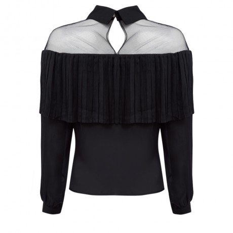 TASSEL SPLICED GAUZE LONG SLEEVE CHIFFON BLOUSE (BLACK, SIZE S/M/L/XL)