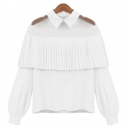 TASSEL SPLICED GAUZE LONG SLEEVE CHIFFON BLOUSE (WHITE, SIZE S/M/L/XL)