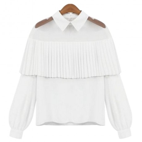 TASSEL SPLICED GAUZE LONG SLEEVE CHIFFON BLOUSE (WHITE, SIZE S/M/L/XL)