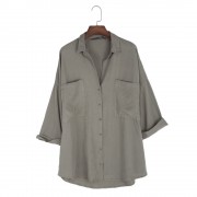 TURN-DOWN COLLAR LOOSE BIG POCKET TENCEL BLOUSE (ARMY GREEN, SIZE XS/S/M/L)