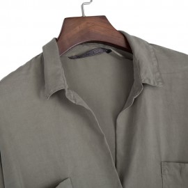 TURN-DOWN COLLAR LOOSE BIG POCKET TENCEL BLOUSE (ARMY GREEN, SIZE XS/S/M/L)