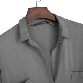 TURN-DOWN COLLAR LOOSE BIG POCKET TENCEL BLOUSE (GRAY, SIZE XS/S/M/L) 