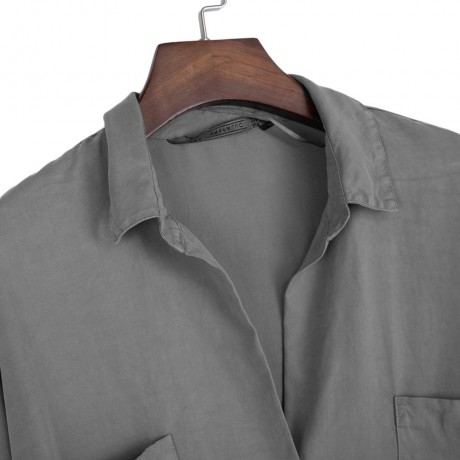 TURN-DOWN COLLAR LOOSE BIG POCKET TENCEL BLOUSE (GRAY, SIZE XS/S/M/L) 