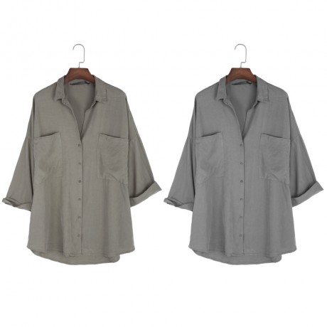 TURN-DOWN COLLAR LOOSE BIG POCKET TENCEL BLOUSE (GRAY, SIZE XS/S/M/L) 