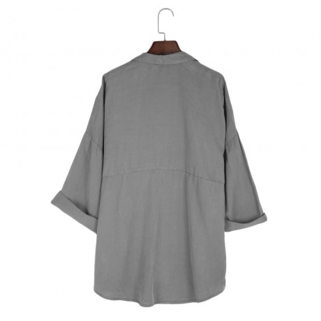 TURN-DOWN COLLAR LOOSE BIG POCKET TENCEL BLOUSE (GRAY, SIZE XS/S/M/L) 
