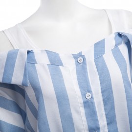 CHIC HALF SLEEVE BUTTON DESIGN STRIPED LOOSE FALSE TWO PIECES WOMEN BLOUSE (STRIPE, SIZE X