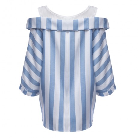 CHIC HALF SLEEVE BUTTON DESIGN STRIPED LOOSE FALSE TWO PIECES WOMEN BLOUSE (STRIPE, SIZE X