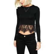 LONG SLEEVE LACE STITCHED KNITED CROP TOP (BLACK, SIZE S/M/L/XL)
