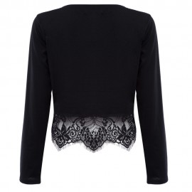 LONG SLEEVE LACE STITCHED KNITED CROP TOP (BLACK, SIZE S/M/L/XL)