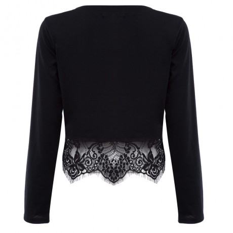 LONG SLEEVE LACE STITCHED KNITED CROP TOP (BLACK, SIZE S/M/L/XL)