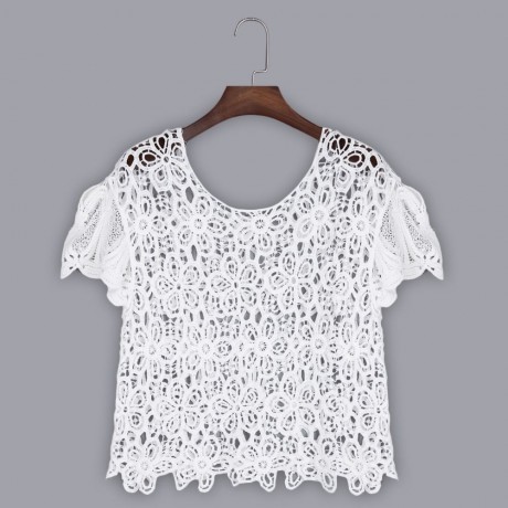 SEXY TRANSPARENT FLORAL HOLLOW OUT BEACH BLOUSE (WHITE, SIZE M)