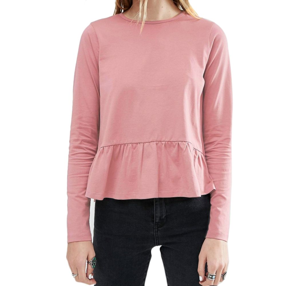 ROUND COLLAR FLOUNCED PURE COLOR BACKLESS BLOUSE (PINK, SIZE S/M/L/XL)