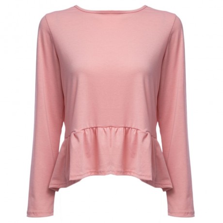 ROUND COLLAR FLOUNCED PURE COLOR BACKLESS BLOUSE (PINK, SIZE S/M/L/XL)