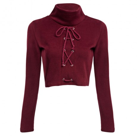 SEXY FRONT CROSS CROP DRAWSTRING RIB KNIT BLOUSE (WINE RED, SIZE S/M/L/XL)