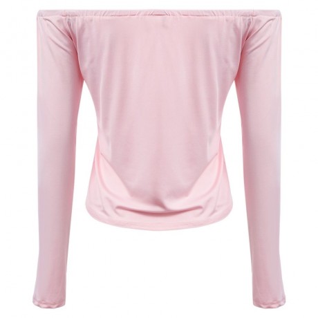 OFF THE SHOULDER LONG SLEEVE PURE COLOR SHEATHY BOTTOM TOPS (SHALLOW PINK, SIZE M/L/XL)