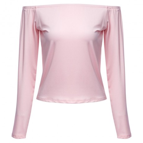 OFF THE SHOULDER LONG SLEEVE PURE COLOR SHEATHY BOTTOM TOPS (SHALLOW PINK, SIZE M/L/XL)