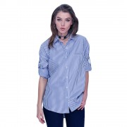 TURN-DOWN COLLAR LONG SLEEVE POCKET DESIGN PRINT STRIPE BLOUSE (STRIPE, SIZE XL/2XL/3XL/4X