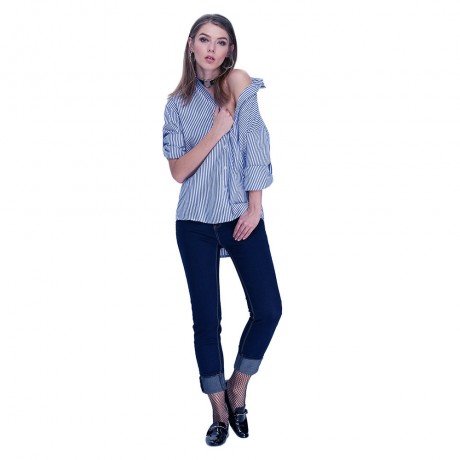 TURN-DOWN COLLAR LONG SLEEVE POCKET DESIGN PRINT STRIPE BLOUSE (STRIPE, SIZE XL/2XL/3XL/4X