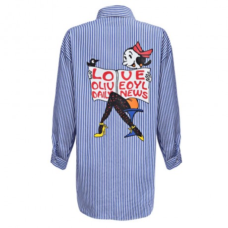 TURN-DOWN COLLAR LONG SLEEVE POCKET DESIGN PRINT STRIPE BLOUSE (STRIPE, SIZE XL/2XL/3XL/4X