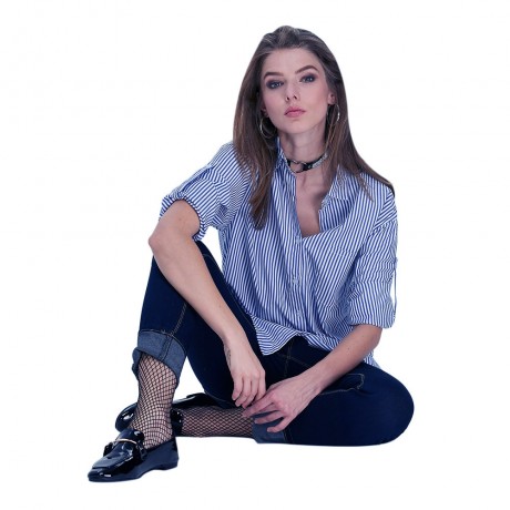 TURN-DOWN COLLAR LONG SLEEVE POCKET DESIGN PRINT STRIPE BLOUSE (STRIPE, SIZE XL/2XL/3XL/4X