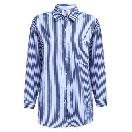 TURN-DOWN COLLAR LONG SLEEVE POCKET DESIGN PRINT STRIPE BLOUSE (STRIPE, SIZE XL/2XL/3XL/4X