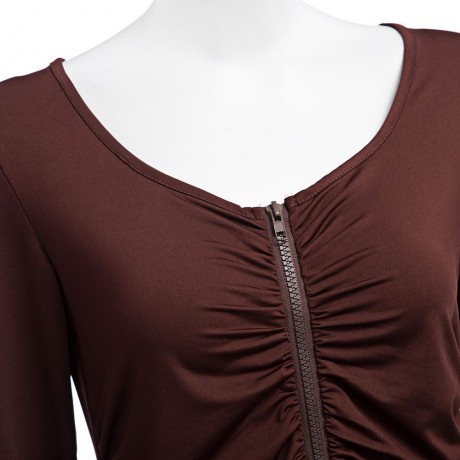 SCOOP COLLAR DRAPED ZIPPERED T-SHIRT (COFFEE, SIZE S/M/L/XL)