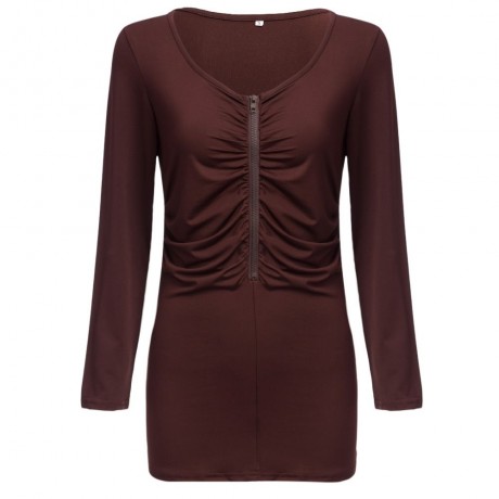 SCOOP COLLAR DRAPED ZIPPERED T-SHIRT (COFFEE, SIZE S/M/L/XL)