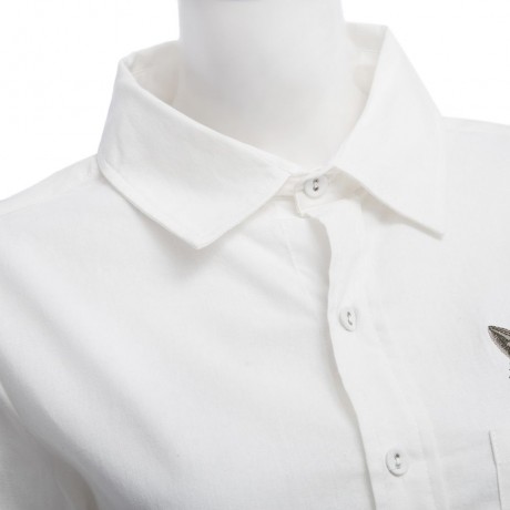TURN-DOWN COLLAR LONG SLEEVE EMBROIDERY BLOUSE (WHITE, SIZE S/M/L/XL)