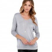 WOMEN'S ROUND NECK SEXY BACKLESS LONG SLEEVE BOTTOM BLOUSE (LIGHT GRAY, SIZE S/M/L/XL)