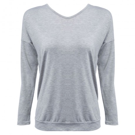 WOMEN'S ROUND NECK SEXY BACKLESS LONG SLEEVE BOTTOM BLOUSE (LIGHT GRAY, SIZE S/M/L/XL)