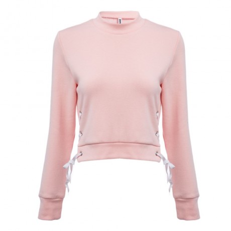 WOMEN'S LONG SLEEVE SIDE BANDAGE DESIGN TOP CROP (LIGHT PINK, SIZE S/M/L)