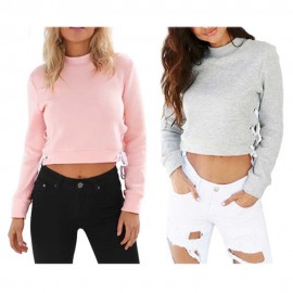 WOMEN'S LONG SLEEVE SIDE BANDAGE DESIGN TOP CROP (LIGHT GRAY, SIZE S/M/L)