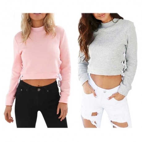 WOMEN'S LONG SLEEVE SIDE BANDAGE DESIGN TOP CROP (LIGHT GRAY, SIZE S/M/L)