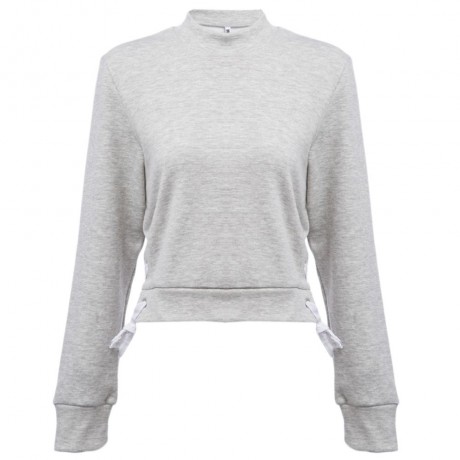 WOMEN'S LONG SLEEVE SIDE BANDAGE DESIGN TOP CROP (LIGHT GRAY, SIZE S/M/L)