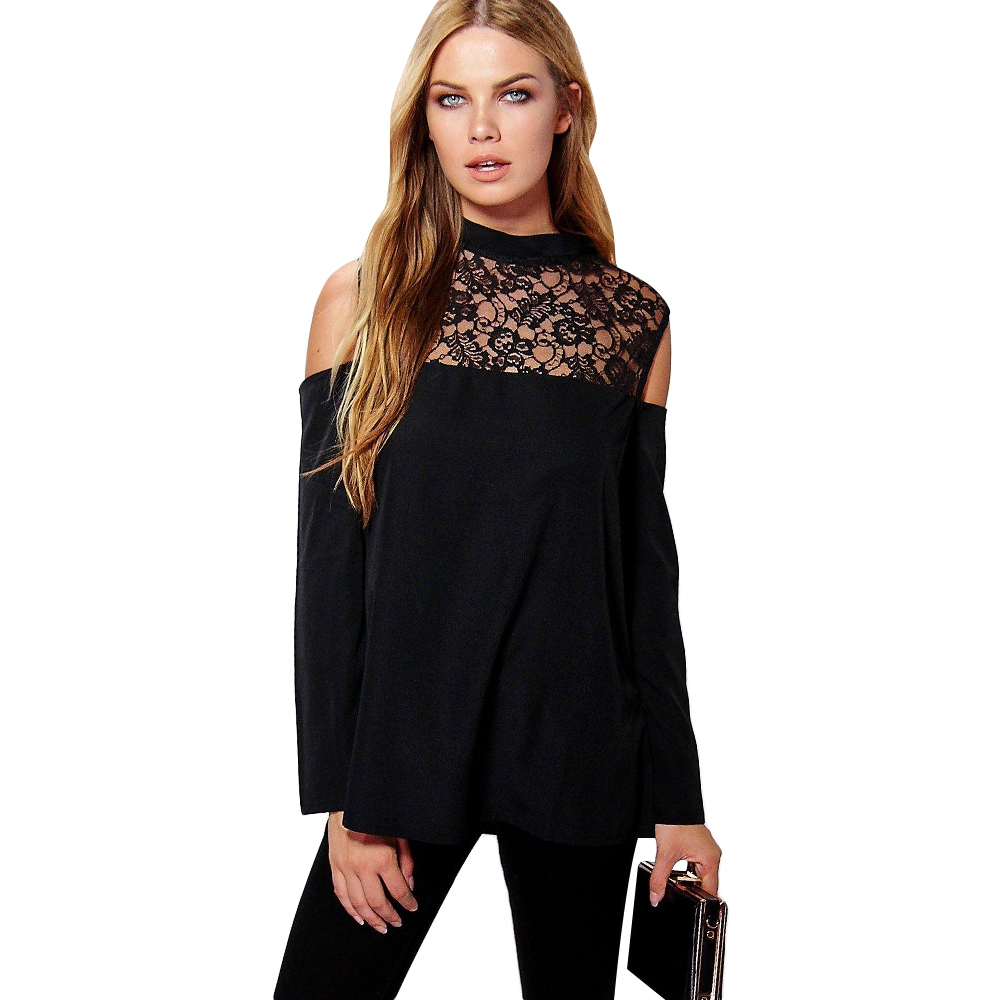 WOMEN'S CUT OUT SLEEVE LACE SPLICED BLOUSE (BLACK, SIZE L/XL)